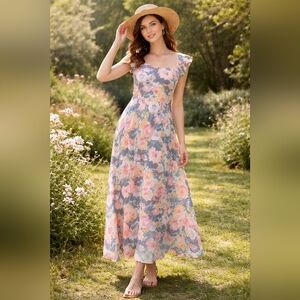 Loft Outlet Floral Square-Neck Maxi Dress in Pink and Gray by